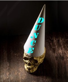 White dunce cap on brown skull